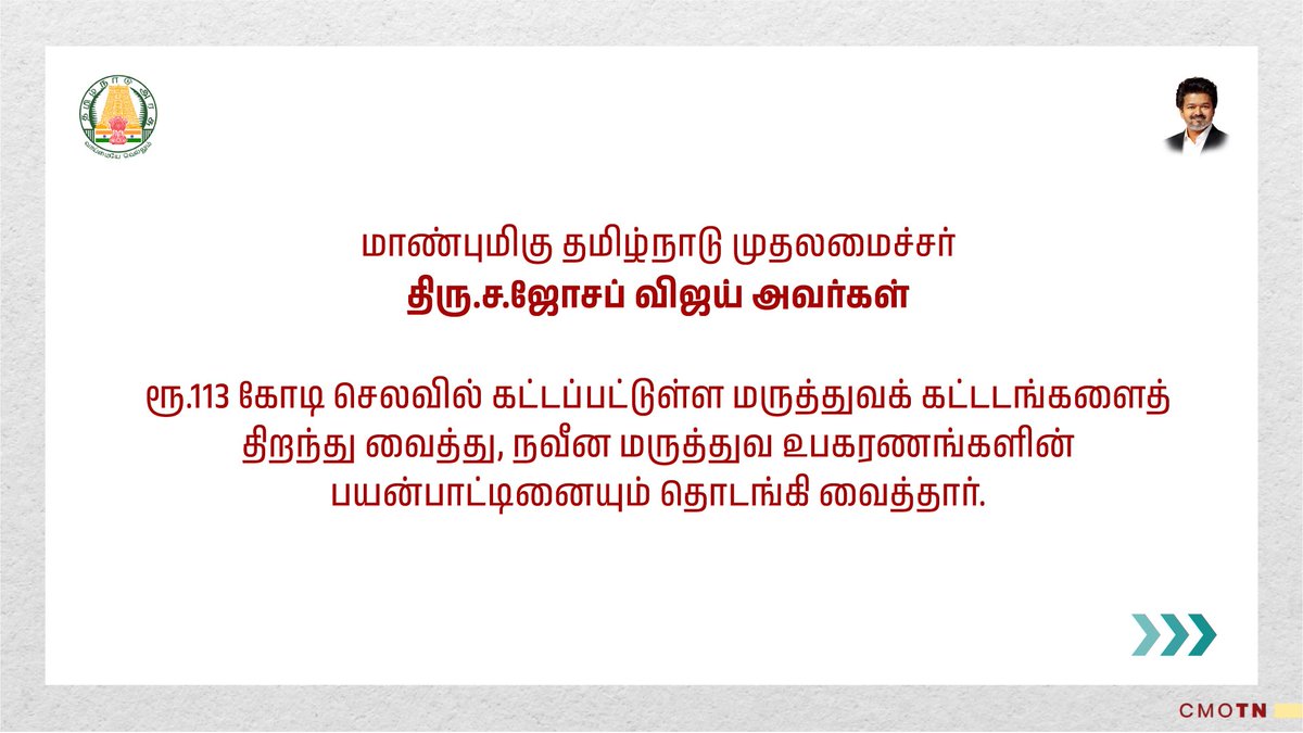 CMOTamilnadu's tweet photo. மாண்புமிகு தமிழ்நாடு முதலமைச்சர் திரு.ச.ஜோசப் விஜய் அவர்கள் இன்று (4.8.2026) தலைமைச் செயலகத்தில், மருத்துவம் மற்றும் மக்கள் நல்வாழ்வுத் துறை சார்பில் காணொலிக் காட்சி வாயிலாக 113 கோடி ரூபாய் செலவில் கட்டப்பட்டுள்ள மருத்துவக் கட்டடங்களைத் திறந்து வைத்து, நவீன மருத்துவ உபகரணங்களின் பயன்பாட்டையும் தொடங்கி வைத்தார்.

#CMJosephVijay