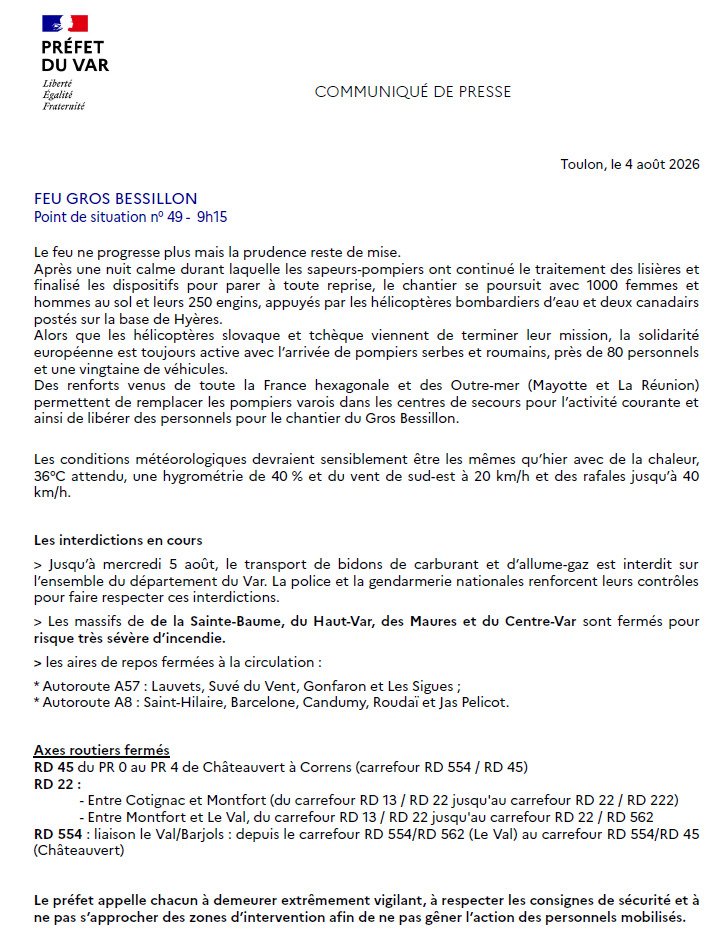 Image de Préfet du Var : #Feu #GROSBESSILLON | Mardi 4 août  - 09h15      
  ✔ Point de situation⤵️
> Le feu ne progresse 
