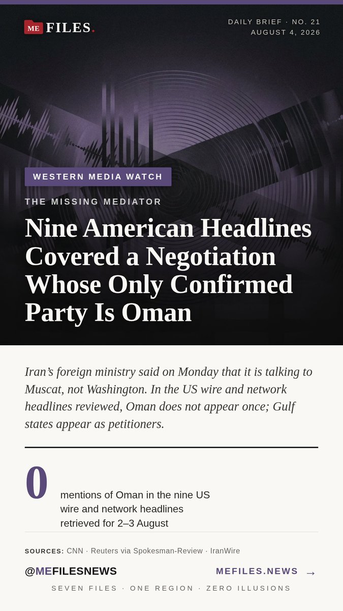 mefilesnews's tweet photo. Nine American Headlines Covered a Negotiation Whose Only Confirmed Party Is Oman — the full file at https://t.co/VCyUanVIsH #MEFILES https://t.co/4wxnjGcOgz
