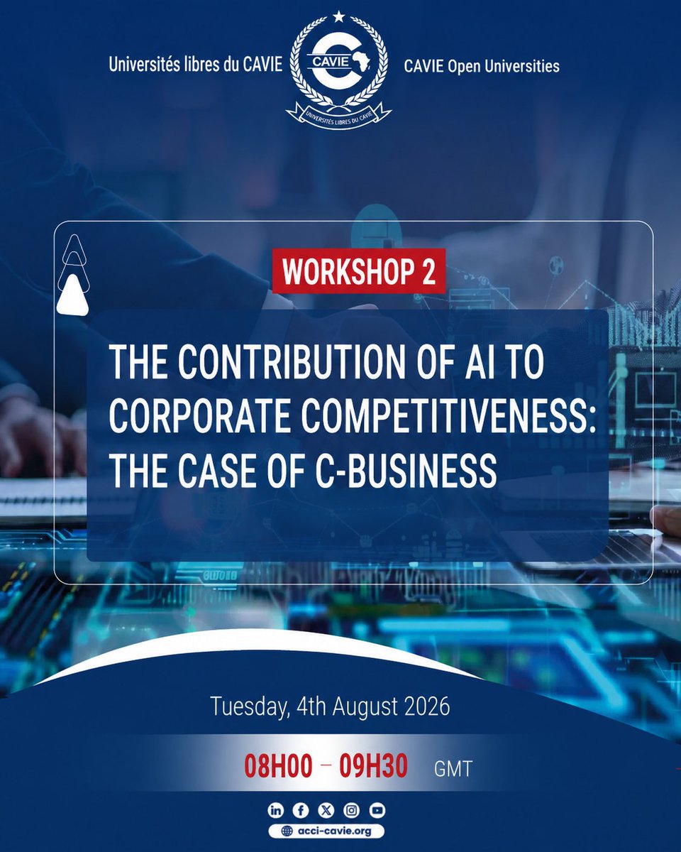 cavie_acci's tweet photo. CAVIE Open Universities (COU2026) โ Day highlight: Workshop 2.
8h GMT: The contribution of AI to corporate competitiveness: the case of C-Business.
๐ Full programme: https ://acci-cavie.org/open-university-2026-program/
#CAVIE #COU2026 #AfCFTA #Workshop2 https://t.co/voMirKw53s