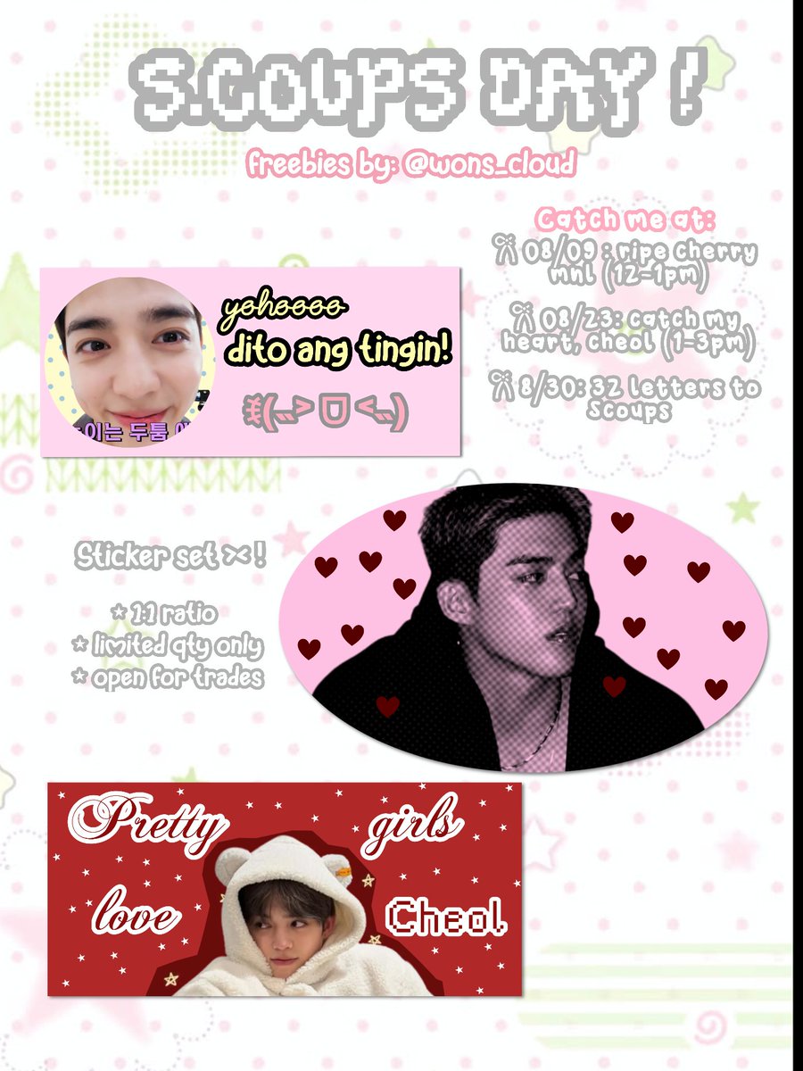 wons_cloud's tweet photo. scoups day freebies⋆.🜼!!
    fan support by : @wons_cloud 
        ✴ 1:1 ratio
        ✴ open for trades (dm)

i'll be at these events (˶>⩊<˶)
#RIPECHERRYinMANILA
#CatchMyHeart_Cheol @seventeencut_
#Letters2Scoups

see you caratdeuls &amp; couprangs ❤️! https://t.co/3mlE2O3QcO