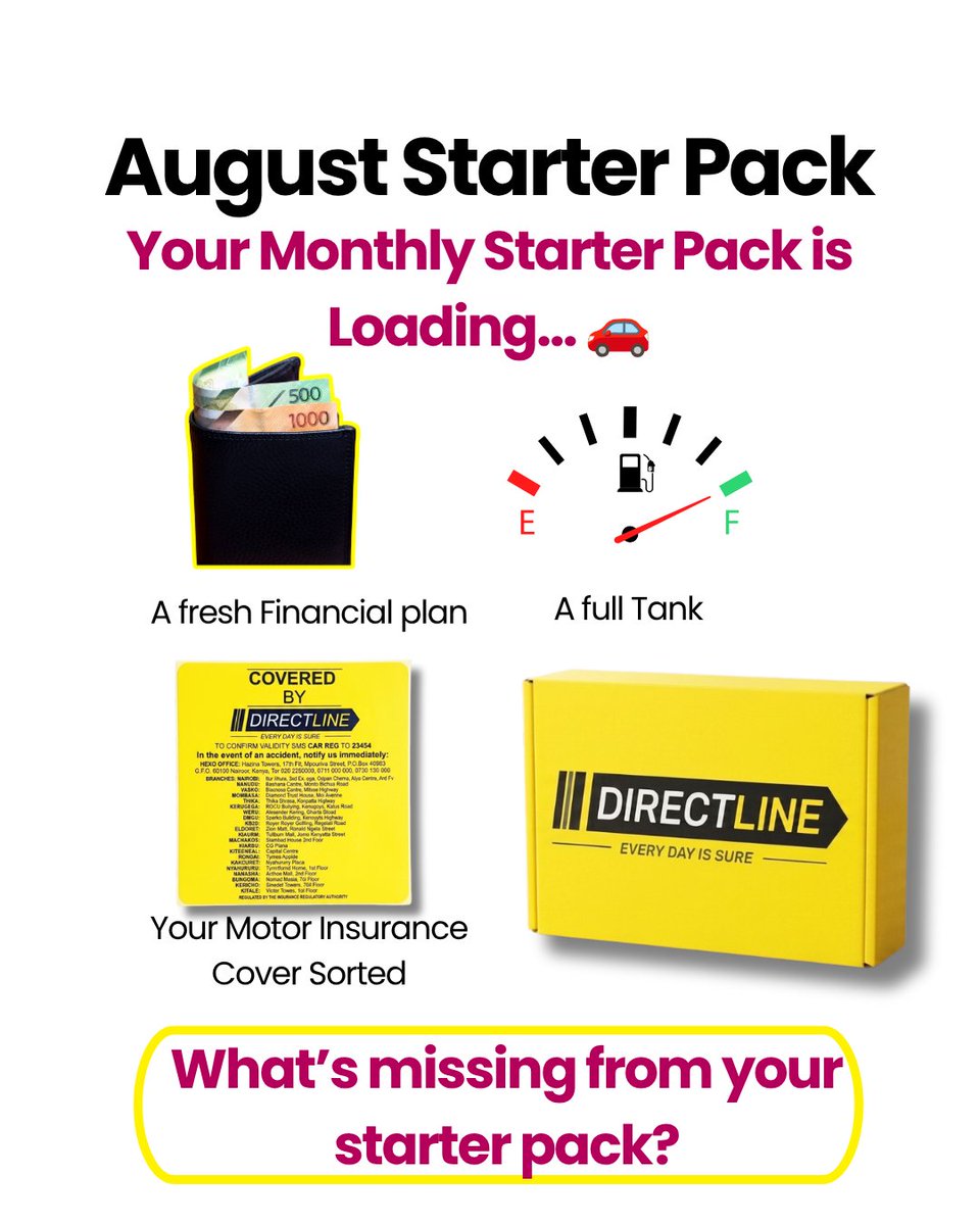 DirectlineKenya's tweet photo. A new month calls for a fresh start... 💫
What's one thing that's always in your monthly starter pack?
📲 Dial *319# to get covered today.
#pov #roadsafety #starterpack https://t.co/P4iPQzXg95