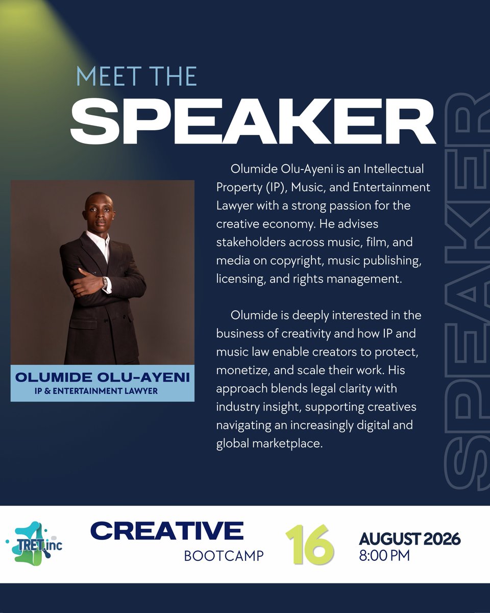 thetretinc's tweet photo. MEET OUR SPEAKER @Olu_Ayeni_ 

COPYRIGHT OWNERSHIP IN THE DIGITAL MUSIC BUSINESS; UNDERSTANDING RIGHTS, REVENUE AND COMMERCIAL EXPLOITATION.

#TRETAKADEMY #TRETCREATIVE #TRETCREATIVEBOOTCAMP1 https://t.co/gxCylfB95r