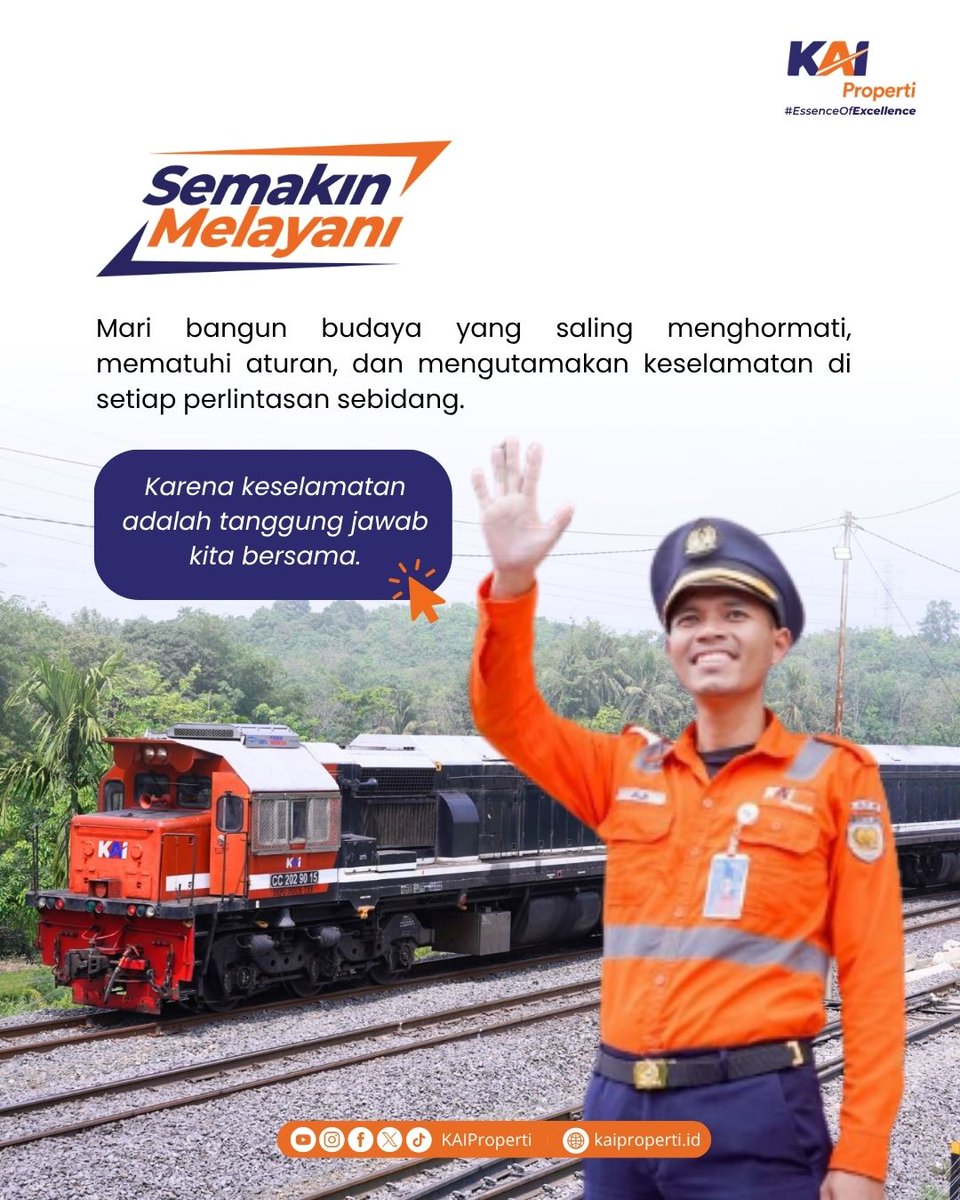KAIProperti's tweet photo. Keselamatan di perlintasan sebidang adalah tanggung jawab bersama 🙌

PJL menjalankan tugas sesuai prosedur untuk menjaga keselamatan perjalanan kereta api. Pengguna jalan wajib mematuhi rambu, sinyal, dan aturan yang berlaku.
#KAIProperti #EssenceOfExcellence #SemakinMelayani https://t.co/b1W34R0TRy