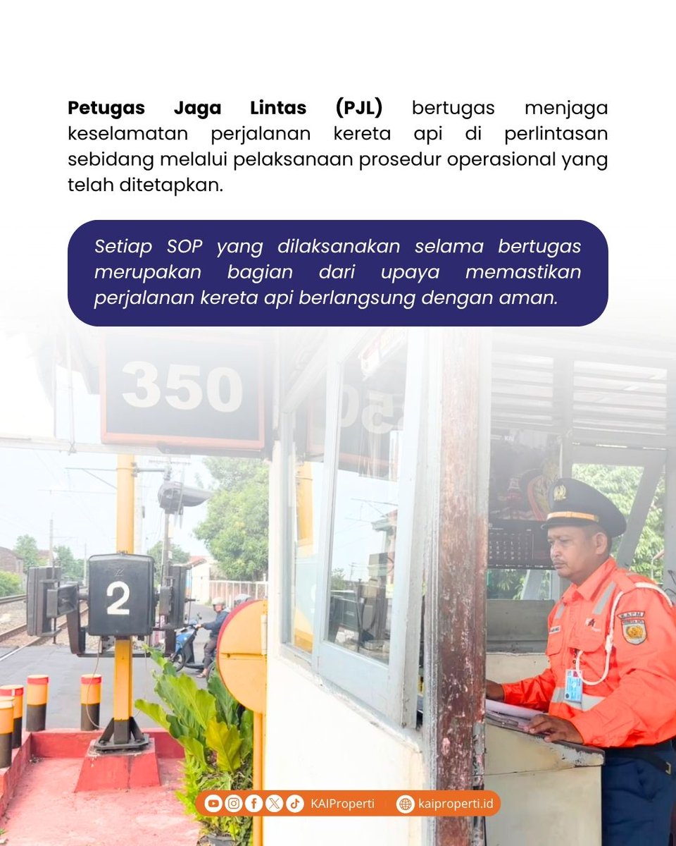 KAIProperti's tweet photo. Keselamatan di perlintasan sebidang adalah tanggung jawab bersama 🙌

PJL menjalankan tugas sesuai prosedur untuk menjaga keselamatan perjalanan kereta api. Pengguna jalan wajib mematuhi rambu, sinyal, dan aturan yang berlaku.
#KAIProperti #EssenceOfExcellence #SemakinMelayani https://t.co/b1W34R0TRy