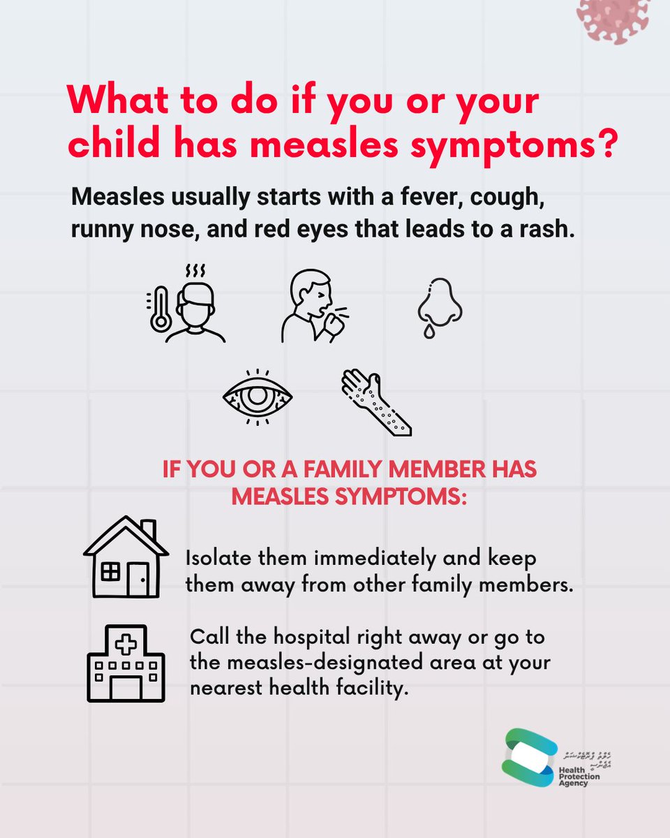 HPA_MV's tweet photo. 🚨 Suspect measles? Do not wait.  If you or your child develops fever, cough, runny nose, red eyes, followed by a rash, stay isolated and contact your nearest health facility immediately.  

#measles https://t.co/rMuwPF2uVz