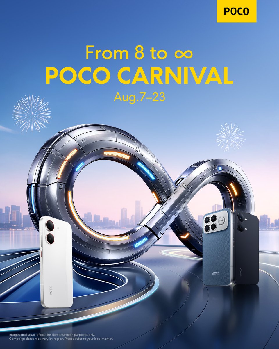 POCOGlobal's tweet photo. 🎉 POCO Carnival 2026 is here — where "8" becomes "∞"!
From August 7th to 23rd, get ready for epic fan moments, exciting challenges, and exclusive deals.
🎉 Mark your calendar and don’t miss the fun! https://t.co/4P4Ist1LEl