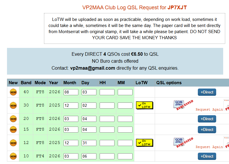 jj1xgf's tweet photo. VP2MAA
前にOQRSしてcfm出来てるんですが、昨日40FでQSO出来て、未cfm分が4QSOになりました。でもこの局料金バカ高いんで躊躇してます。チャレンジ4アップするのに1200円かぁ。2回目以降は割引あれば良いのにぃ... https://t.co/oojxXcVSwt