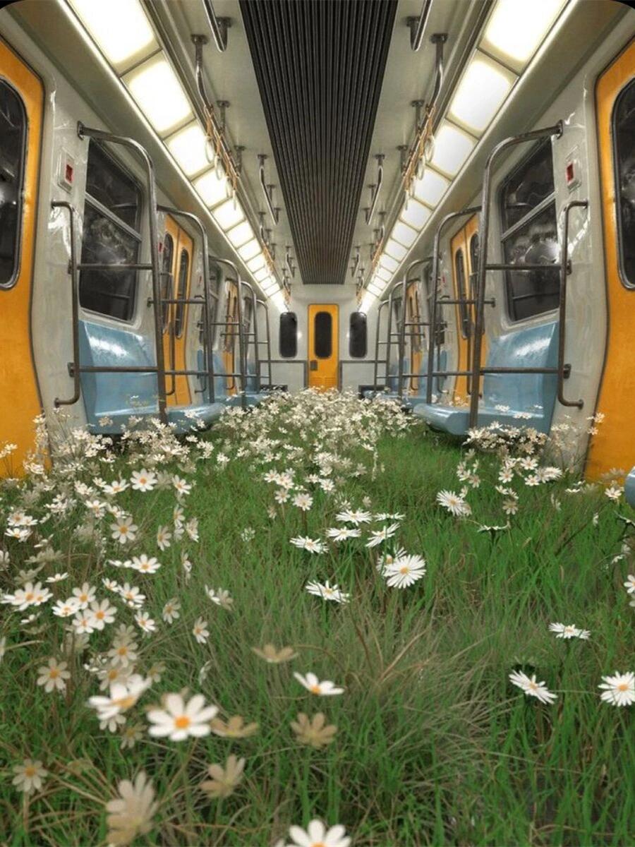 vibes_of_AI's tweet photo. The subway to spring has arrived.#SpringVibes #TrainTravel #Nature #DigitalArt #FantasyArt #FlowerField #TravelInspiration #Healing #GreenFields https://t.co/IvsAeO5EwT