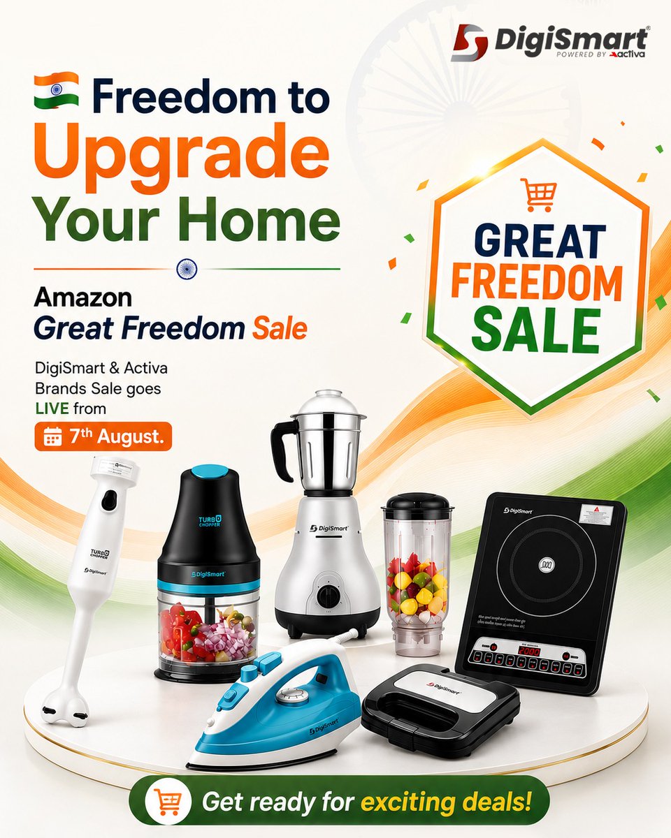 DigiSmartElect's tweet photo. The Amazon Great Freedom Sale is just around the corner! 🎉

Get ready to grab amazing deals on DigiSmart &amp; Activa home appliances designed to make everyday living smarter and easier.

🛒 Sale goes LIVE on 7th August.

#AmazonGreatFreedomSale #ComingSoon #DigiSmartliving https://t.co/LAi4rvSgIJ
