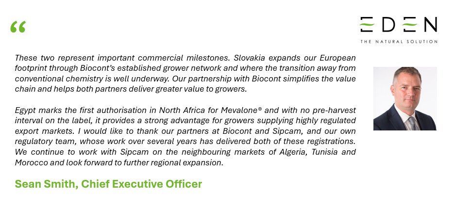 WalbrookPR's tweet photo. ➡️@edenresearch - Regulatory approvals in Slovakia and Egypt

✅Received authorisation for #EDEN's Botrytis fungicide in 2 further territories
🪴Strengthens position in Central Europe's growing biological crop protection market
🚀1st authorisation for Mevalone® in North Africa https://t.co/XSwoe4HOJg