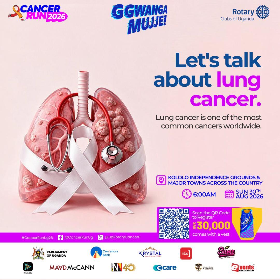 UgRotaryCancerP's tweet photo. 🫁 Lung cancer often develops silently, with symptoms appearing only in later stages. Early detection can save lives.

Join the #CancerRunUg26 movement under the theme: #GgwangaMujje on 30th August to help raise awareness and support the completion of the One Stop Cancer Centre at @NsambyaHospital.

🎽 Register today: https://t.co/Q2O5vxlBVJ