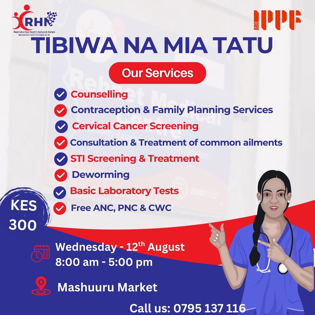 Lucy_Wanjiru0's tweet photo. Save the dates ASAP.  Access quality reproductive health services at 300 shillings only. Usipitwe
Dates &amp; Locations (8 AM - 5 PM):
• Aug 10: Moi Market
• Aug 11: Ngatu Market
• Aug 12: Mashuuru Market

​#TibiwaNaMiaTatu https://t.co/l0xV9nC8Lm