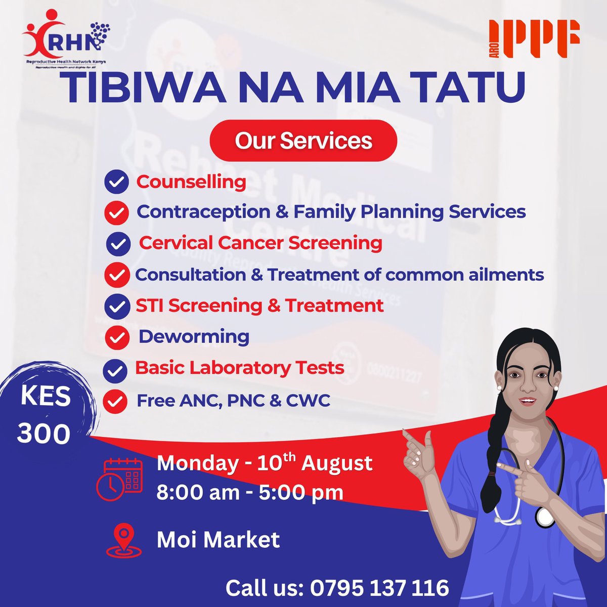 Lucy_Wanjiru0's tweet photo. Save the dates ASAP.  Access quality reproductive health services at 300 shillings only. Usipitwe
Dates &amp; Locations (8 AM - 5 PM):
• Aug 10: Moi Market
• Aug 11: Ngatu Market
• Aug 12: Mashuuru Market

​#TibiwaNaMiaTatu https://t.co/l0xV9nC8Lm