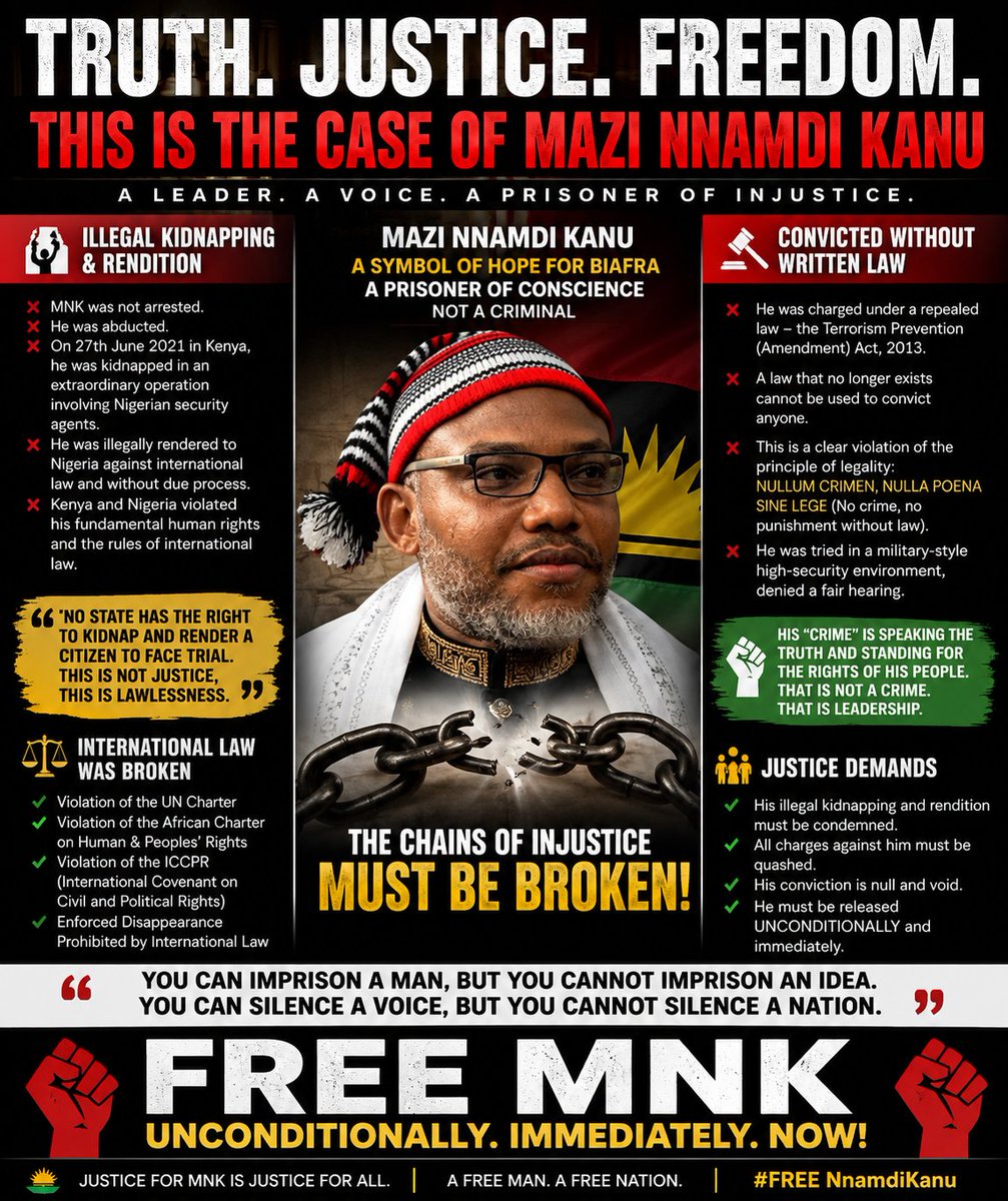 NWAFORABEL13's tweet photo. History always sides with justice.
Mazi Nnamdi Kanu deserves justice, due process, and freedom.
@NigeriaGov @NGRPresident @UN @UNHumanRights @StateDept @WhiteHouse @netanyahu @HananyaNaftali
@VP45 @TheBigBossPutin
#FreeNnamdiKanu #JusticeForMNK #RuleOfLaw https://t.co/atC26ecE6t