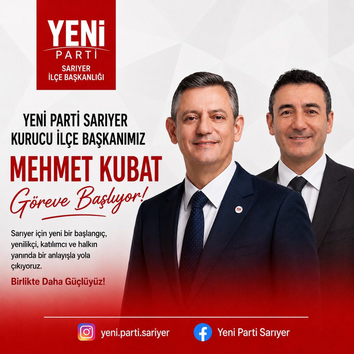 YeniPSariyer's tweet photo. Yeni Parti Sarıyer Kurucu İlçe Başkanımız Mehmet Kubat’a ve ilçe yönetimimize yeni görevlerinde başarılar diliyoruz.

Sarıyer için umutla, kararlılıkla ve birlikte çalışacağız. https://t.co/9F6vhvlqJZ