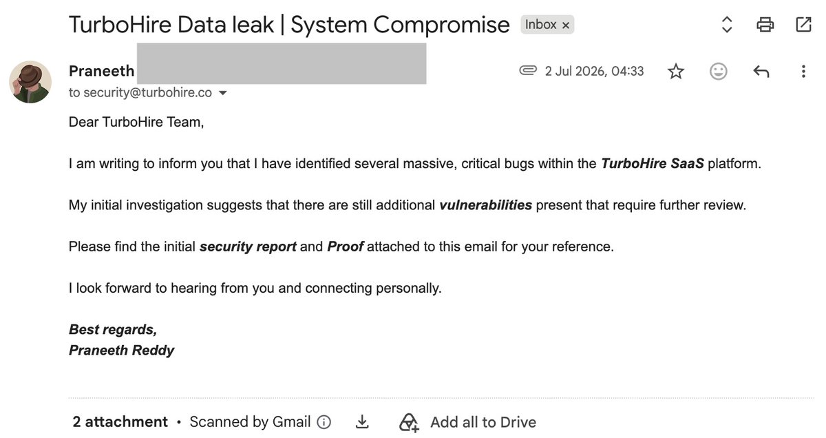 praneethreddy33's tweet photo. EXPOSING TURBOHIRE 

Reported a vulnerability to @TurboHire through their disclosure program.

Result? The co-founder sent static, AI-generated template replies, left the security issues unpatched, and went totally silent.

Why run a VDP ? Client data is actively at RISK. https://t.co/jiHZmi0NqV