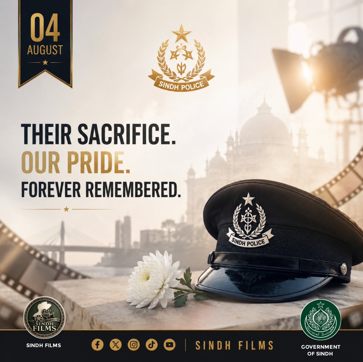 SindhFilms's tweet photo. SALUTE TO OUR HEROES.🌟
On this day,4th August, Sindh Films pays tribute to the brave martyrs of Sindh Police.Their sacrifice is our pride.Their courage is our history.They will forever be remembered.
#SindhPolice #YoumEShuhada #04August #PoliceMartyrsDay
#SindhFilms #SindhGovt https://t.co/erBadVOIIO