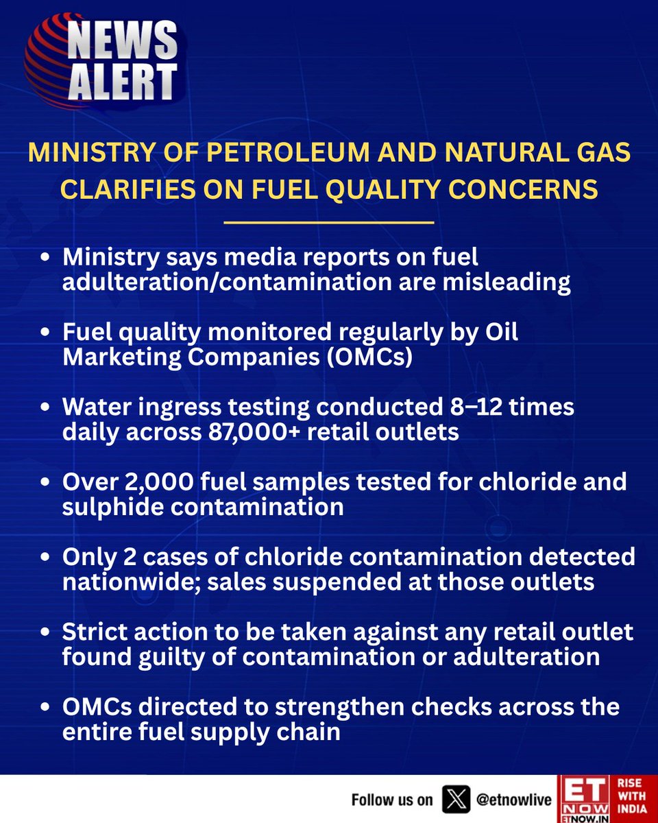 ETNOWlive's tweet photo. #NewsAlert | The Ministry of Petroleum and Natural Gas says fuel quality is being closely monitored across the country, adding that only two cases of chloride contamination have been detected so far and strict action will be taken against any violations
#MoPNG #FuelQuality #OilMarketing #India @PetroleumMin
