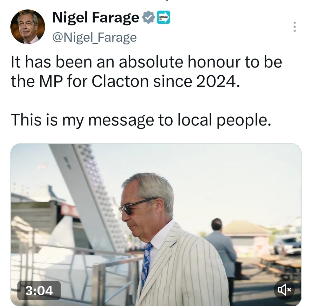 Parody_PM's tweet photo. It's been an absolute honour to visit Clacton fewer times than I've visited America, hold zero surgeries and do fuck all for the town. https://t.co/mfTQjYNhF5