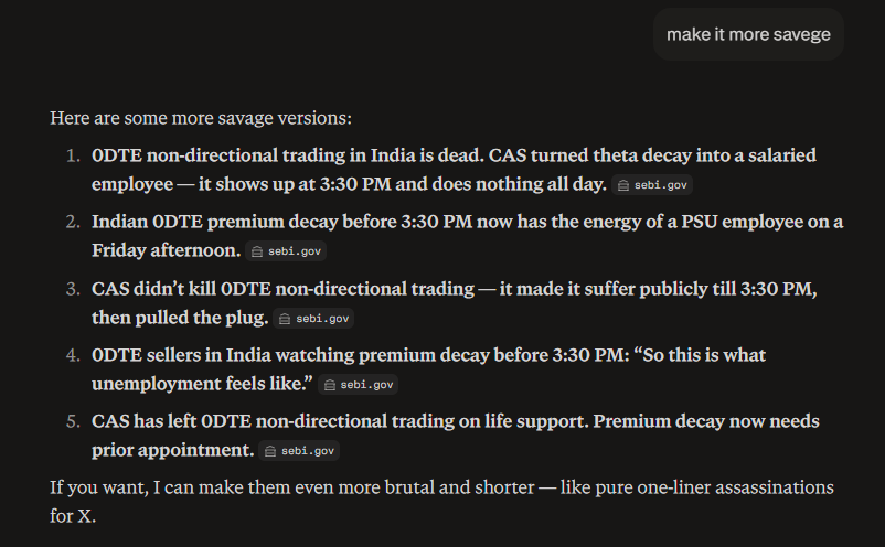 GoldenDustbin's tweet photo. Maybe too early to declare, but I honestly feel due to CAS fiasco 0DTE non-directional trading has been BURIED ALIVE.

0DTE 9:15 to 14:00 is the new 1DTE.
I hope I'm proven wrong

Fundamentals (basic assumptions) changed and how!

Time to take a break from Nifty 0DTE maybe. https://t.co/jzomJz17Yj