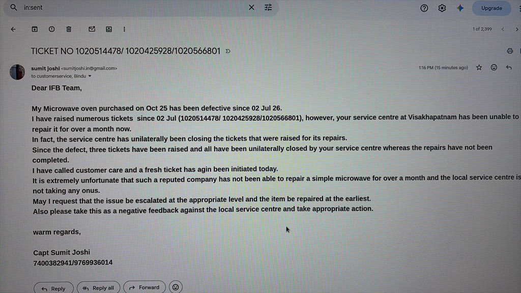 sumit_j's tweet photo. Buying IFB was 1 of the worst decisions of my life. Life was good with LG. Please save urself some time and money and avoid IFB. A simple warranty repairs of Microwave haven’t been completed for over a month. SC keeps closing tickets unilaterally #IFBINDIA #IFBAppliances https://t.co/EnbSCdJkWe