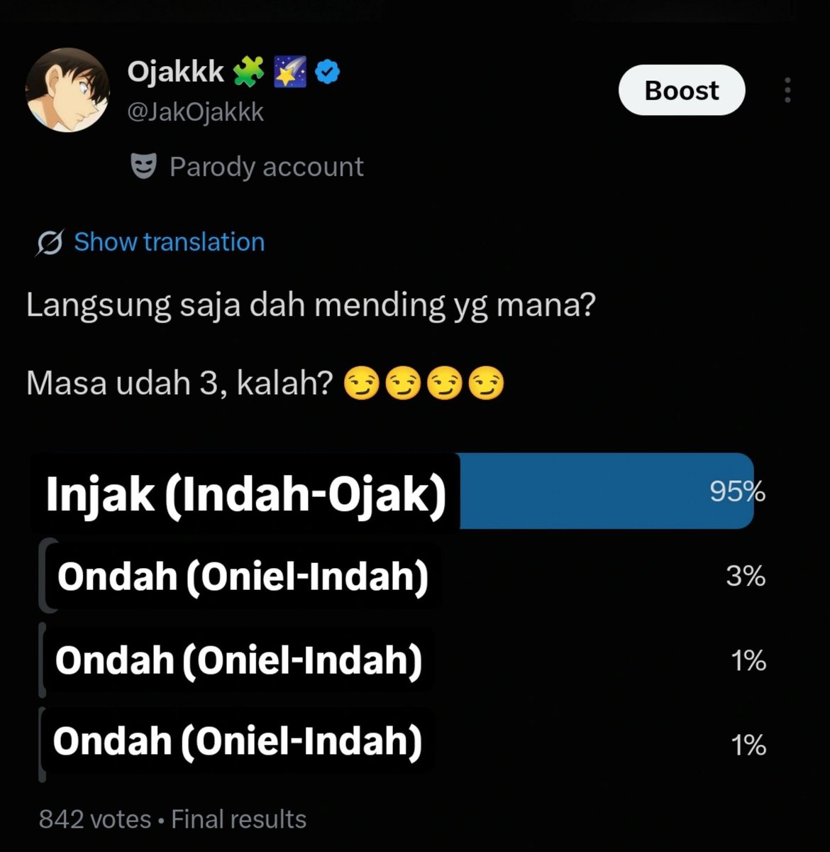JakOjakkk's tweet photo. Makasih banyak semuanya yang udah vote ๐ฅน๐ซถ๐ผ
Ga nyangka, banyak banget yg dukung kita @C_IndahJKT48 ๐ซถ๐ผ๐ซถ๐ผ๐ซถ๐ผ
#SenIndah
#InJak jaya jaya jaya
#Real #NoEditan https://t.co/XvWQ28jMD7