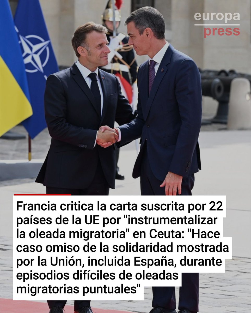 europapress's tweet photo. 🇫🇷🇪🇸 Francia critica la carta suscrita por 22 países de la UE por "instrumentalizar la oleada migratoria" en Ceuta: "Hace caso omiso de la solidaridad mostrada por la Unión, incluida España, durante episodios difíciles de oleadas migratorias puntuales" https://t.co/oNqO3vJn1t https://t.co/kvO9erBBSE