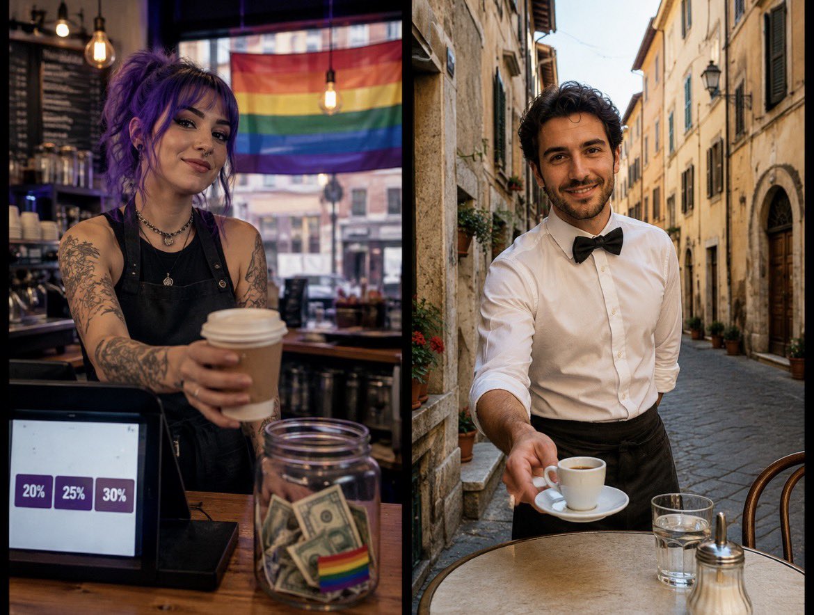 Frenkie_Woody's tweet photo. Caffè in America ☕🇺🇸

Barista con i capelli viola.
Il caffè costa 7 dollari.
Alla cassa ti chiedono una mancia del 30%.
Bandiera arcobaleno in vetrina.

Caffè in Italia ☕🇮🇹

Ti serve il barista del quartiere con il papillon.
Ti saluta con un: «Paisà!».
Paghi 1,30 euro.
Lo bevi in una stradina tranquilla, senza traffico.

Due caffè. Due esperienze. 😉