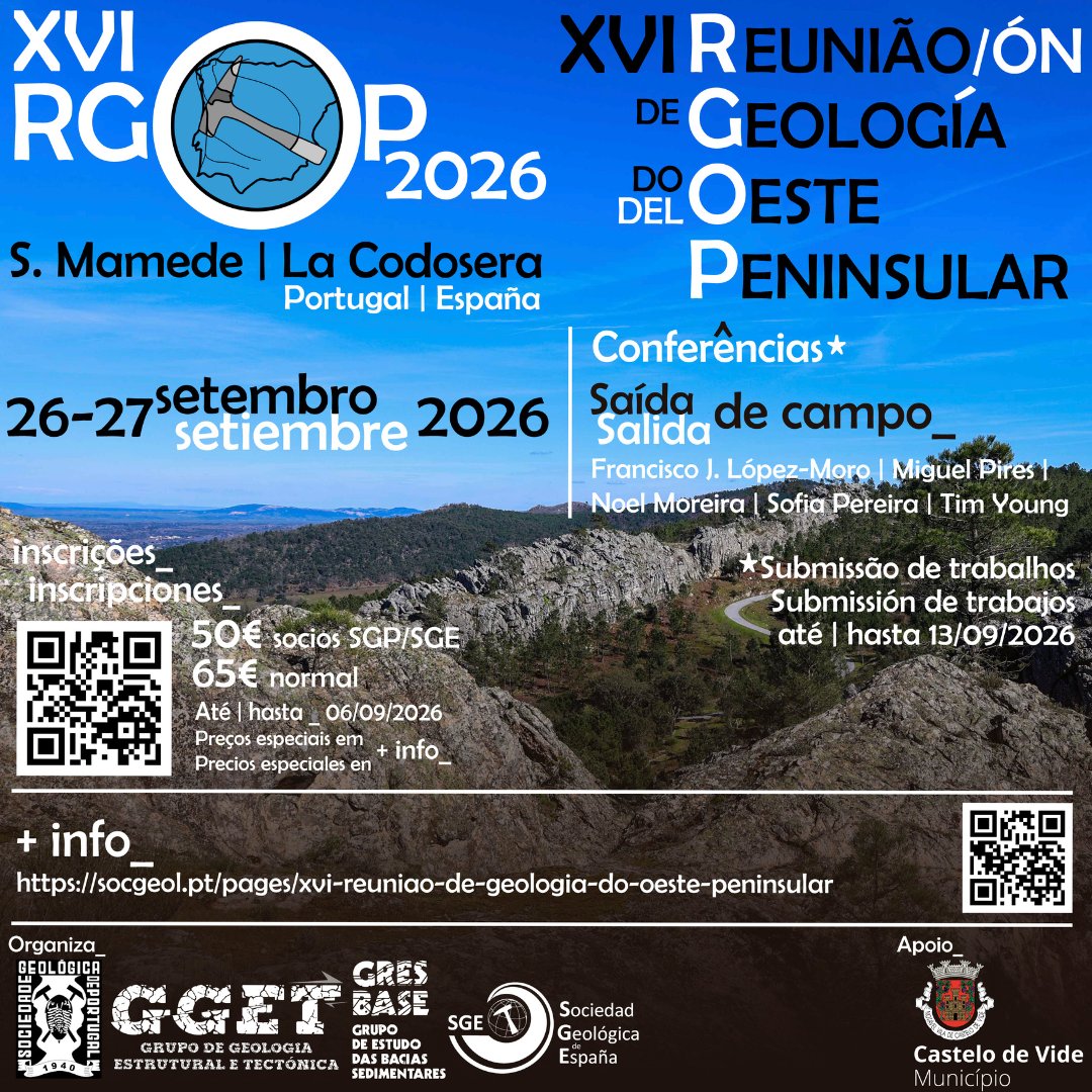 SGP_GGET's tweet photo. Há encontros que merecem regressar e a RGOP é um deles! 

📅 26–27 de setembro de 2026
📍 Castelo de Vide
🎤 Geologia da Península Ibérica
🥾 Saída de campo transfronteiriça

Contamos convosco! 🤠

Saudações Geológicas
Pela comissão organizadora do XVI RGOP https://t.co/PfSmiVvVjA