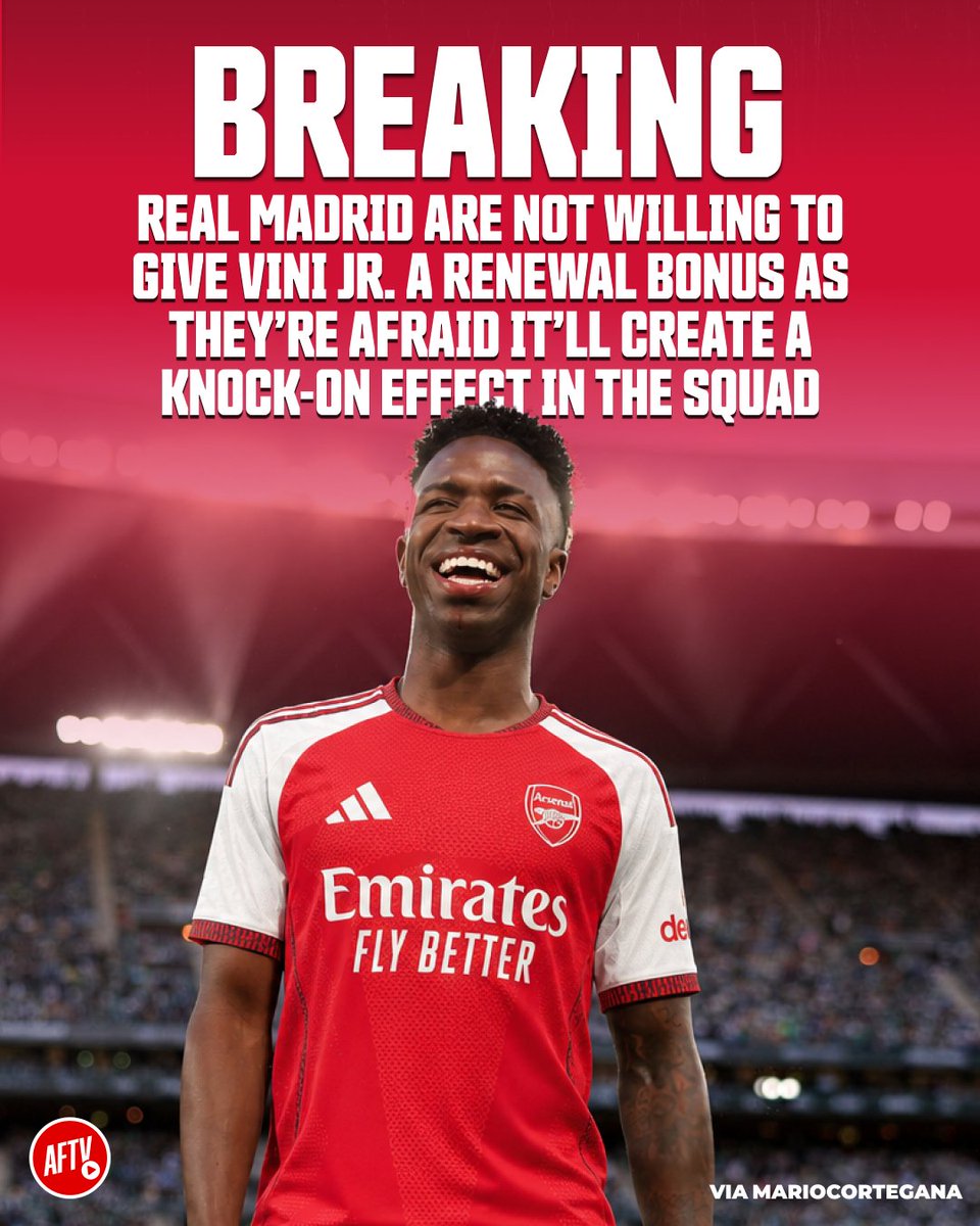 AFTVMedia's tweet photo. 🚨 𝐁𝐑𝐄𝐀𝐊𝐈𝐍𝐆: Real Madrid 𝐖𝐎𝐍'𝐓 meet Vinícius Júnior's contract demands, refusing to offer the renewal bonus he wants over fears it could create a knock-on effect within the squad. ❌

If Vinícius fails to agree to a new contract, Real Madrid are prepared to 𝐒𝐄𝐋𝐋 him this month! 👀⏳