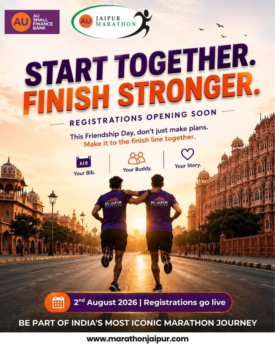 runjaipur's tweet photo. This Friendship Day, don't just make plansโmake it to the finish line together!
Registrations go live on 2nd August 2026. Grab your buddy and get ready to be part of India's most iconic marathon journey.
#aujaipurmarathon #FriendshipDay #runjaipur #marathon2027 #buddyrun https://t.co/0O50gZ887g