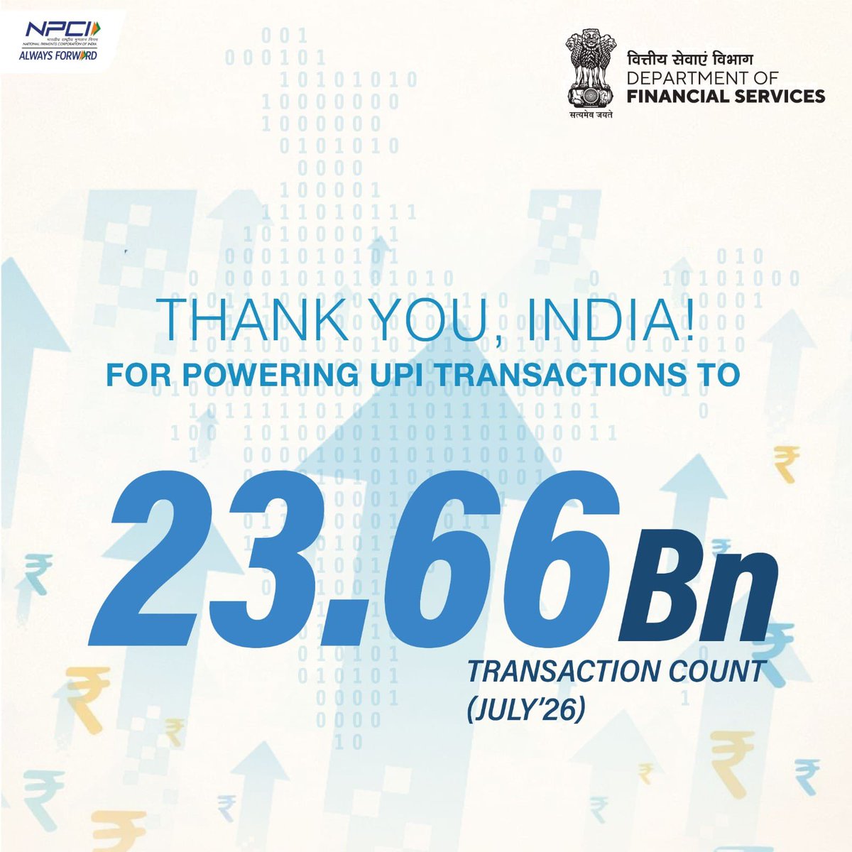 DFS_India's tweet photo. UPI achieves 23.66 Bn transaction count in July’26! Thank you, India, for embracing digital payments and driving this revolution forward. Let’s continue the journey of transforming the way we transact! https://t.co/2IeaMrzibP