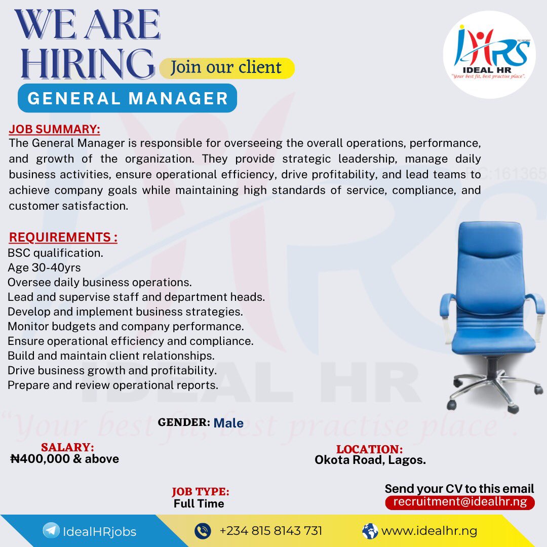 hr_ideal's tweet photo. Our client is looking for a results-driven General Manager to lead operations, drive growth, and manage teams effectively.

If you have strong leadership skills, strategic thinking, and proven management experience, this opportunity is for you.

We Are https://t.co/ufnX06rR96 https://t.co/RGucYMqPau