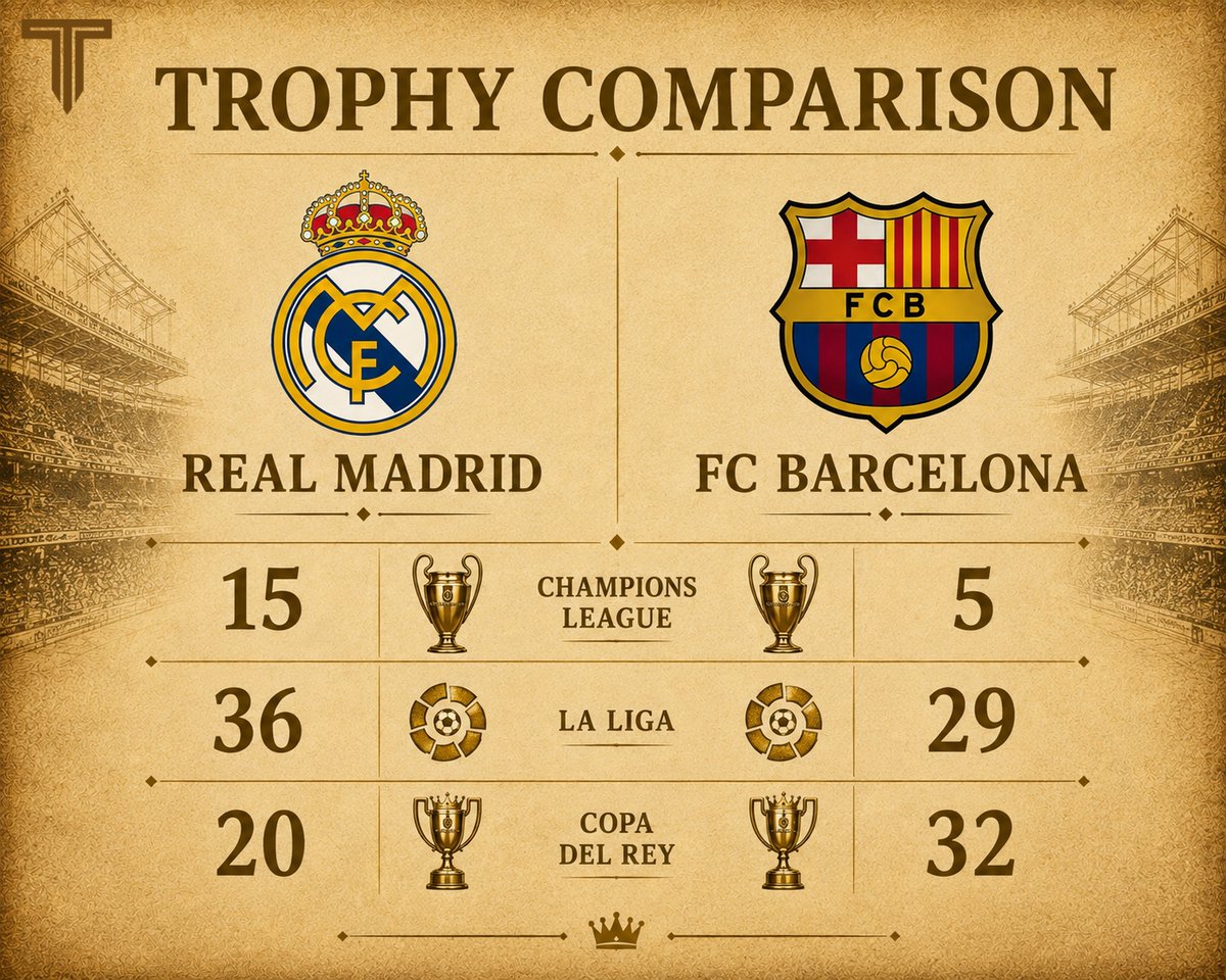 TouchlineX's tweet photo. 🚨 𝗧𝗥𝗢𝗣𝗛𝗬 𝗖𝗢𝗠𝗣𝗔𝗥𝗜𝗦𝗢𝗡: Real Madrid vs FC Barcelona.

Champions League.
La Liga.
Copa del Rey. https://t.co/gKjBfUOvXk