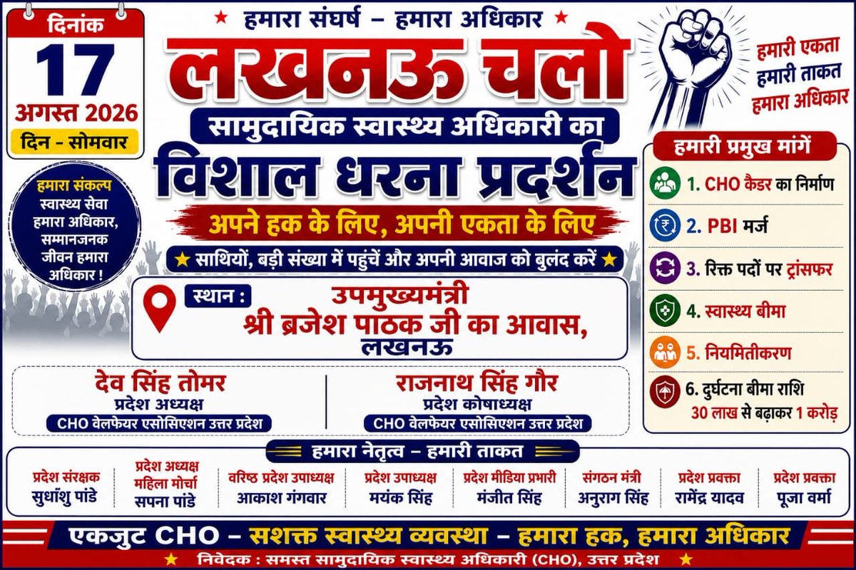 sabir4india's tweet photo. 📢 17 अगस्त 2026 – लखनऊ चलो!

अब समय आ गया है कि सामुदायिक स्वास्थ्य अधिकारियों (CHOs) की आवाज़ सरकार तक मजबूती से पहुँचे।

CHO कैडर, PBI मर्��, रिक्त पदों पर ट्रांसफर, स्वास्थ्य बीमा, नियमितीकरण एवं दुर्घटना बीमा जैसी न्यायसंगत मांगों को लेकर सभी साथी एकजुट होकर 17 अगस्त को लखनऊ पहुँचें।

एकजुट CHO – मजबूत स्वास्थ्य व्यवस्था
हमारा हक़, हमारा अधिकार! @myogiadityanath
@brajeshpathakup
@yadavakhilesh
@UPGovt
@nhm_up
@grok
#LucknowChalo #CHO #NHMUP #Regularization #PBIMerge #CHOWelfare #EkjutCHO