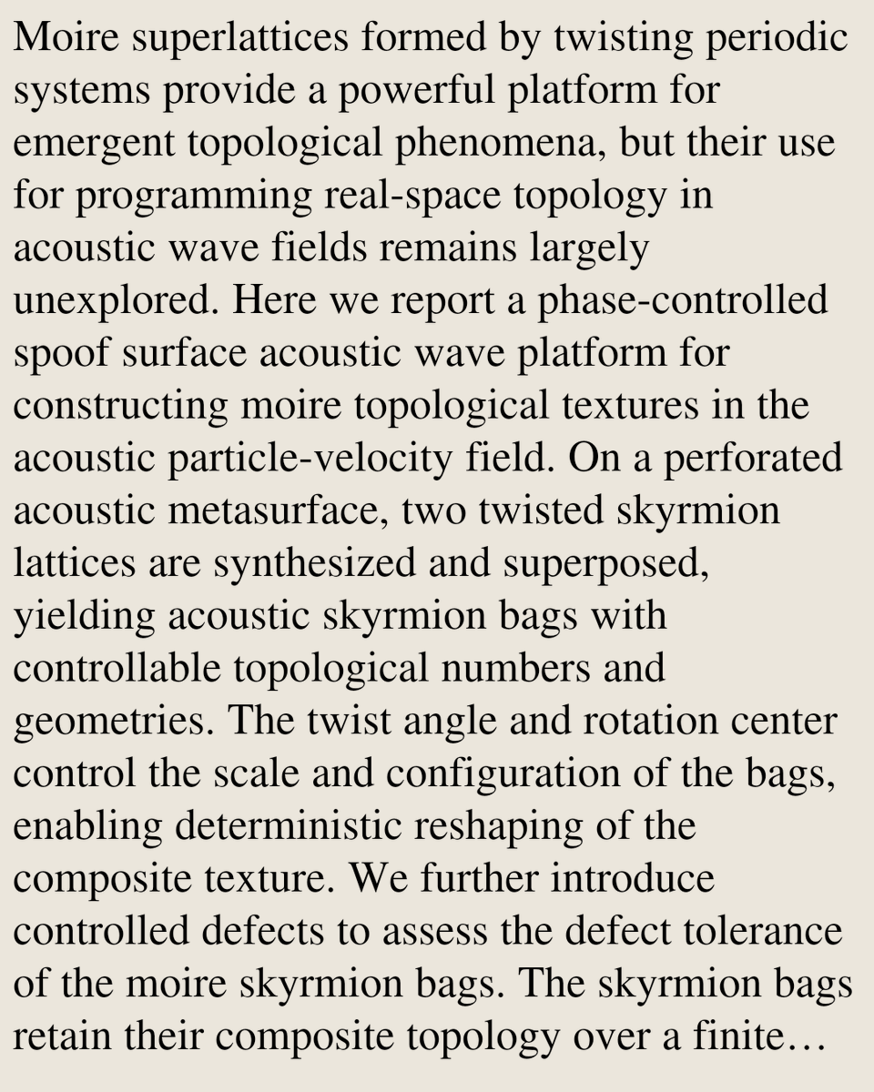 CWHN's tweet photo. Twistsonics: engineering acoustic topological textures in moire sound lattices

Wen-Yu Wang, Shuai Liu, Xiang-Yuan Xu, Qing Tong, Hao Ge, Yijie Shen, Ming-Hui Lu
https://t.co/gZsmzyP16k [𝚙𝚑𝚢𝚜𝚒𝚌𝚜.𝚊𝚙𝚙-𝚙𝚑] https://t.co/NvlchDRERc