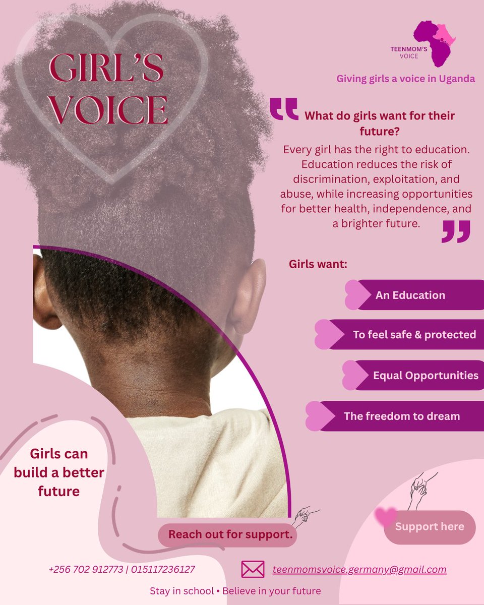 VoiceTeenmoms's tweet photo. 💜 Every girl's dream is worth protecting.

Stay in school. Believe in yourself. Reach out when you need support.

Together, we can help every girl build the future she deserves.

#GirlsVoice #TeenMomsVoice #girlseducation #StayInSchool #Uganda https://t.co/M9WZCVt6xq