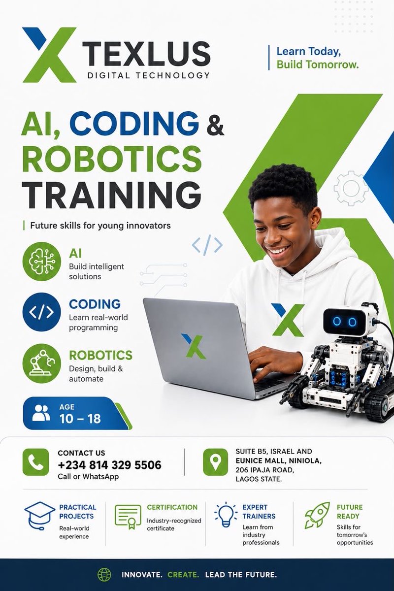 texlus's tweet photo. Give your child the skills to create, build, and innovate with our AI, Coding &amp; Robotics Training at Texlus Digital Technology.

What they will learn:
1. Artificial Intelligence
2. Coding &amp; Programming
3. Robotics &amp; Automation https://t.co/7eQ7wVRnuB