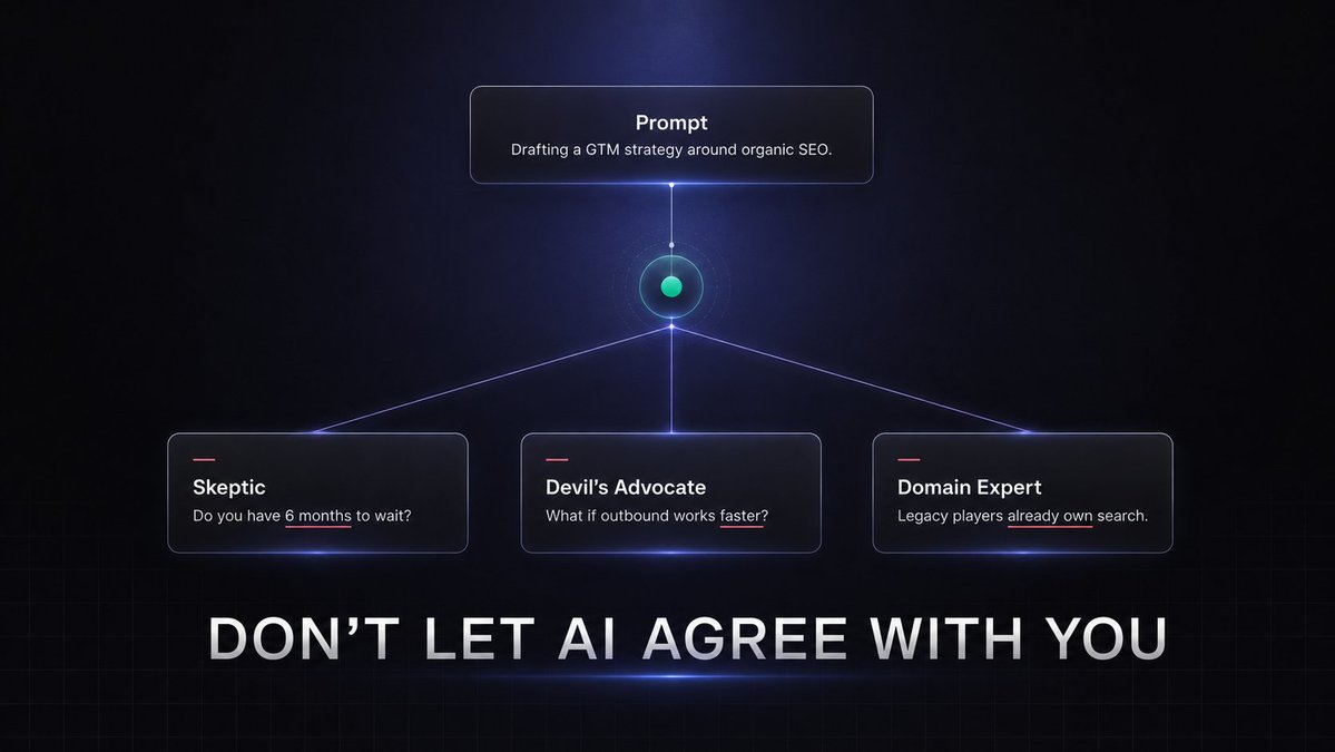 TruthAgentAI's tweet photo. AI tends to follow the direction of your question.

Ask why your plan will work, and it will usually help make the case. That feels useful until you’re about to spend the time or budget.

Then you need a skeptic, a devil’s advocate, and a domain-expert lens.

Better to find the weak spot in the debate than after the launch.