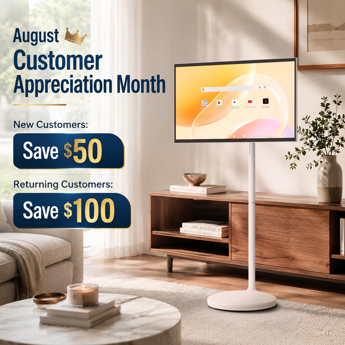 Nework_us's tweet photo. AUGUST IS FOR YOU! 👑 
Our Customer Appreciation Month is officially here. Get ready for exclusive savings on our MoveMate Portable TV! 🏠📺

🆕 New Customers: Save $50  
💙Returning Customers: Save $100
There has NEVER been a better time to upgrade your tech. Limited time only!

Grab your deal now:
🔗 https://t.co/emzM8CuVl9

#CustomerAppreciation #TechDeals #SmartHome #MustHave #AugustSale