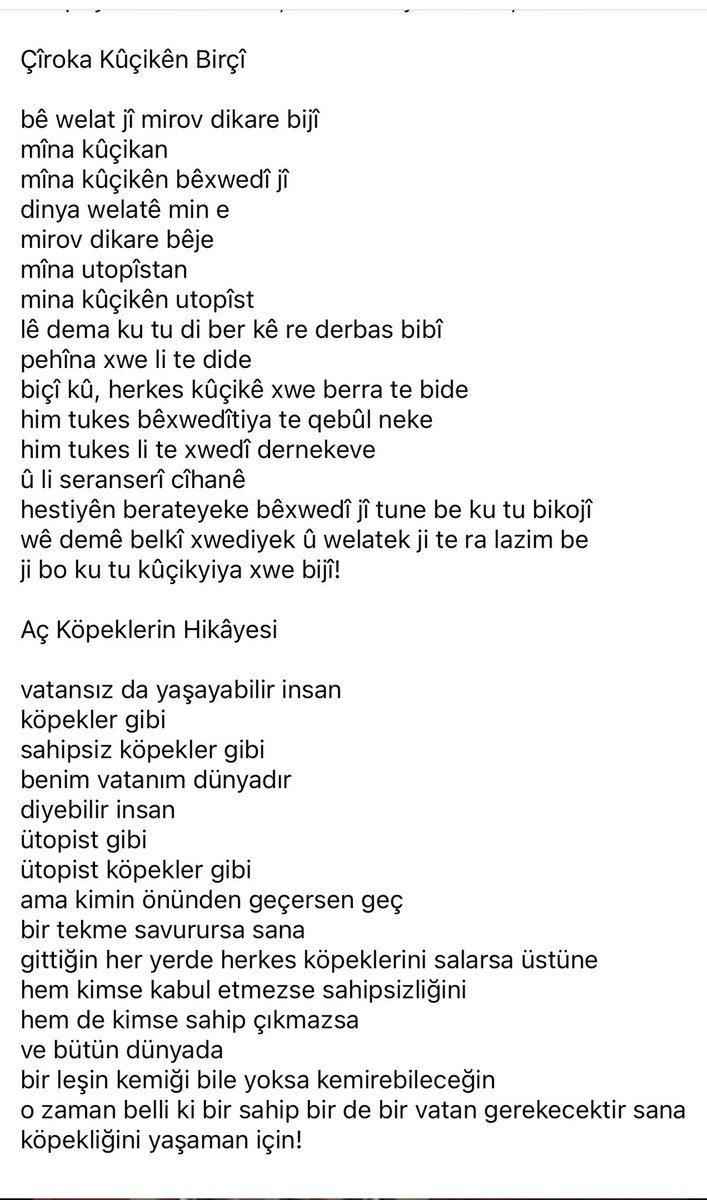 cwn_ronahi's tweet photo. Ferîd Xan’ın Aç Köpekler şiirinde tam anlamıyla Nurettin ve onun ideolojisinden bahsediliyor. ( Şiirin Türkçe çevirisi Selim Temoya ait)
Nurettin aç bir köpektir. https://t.co/cBlmK4HvIG