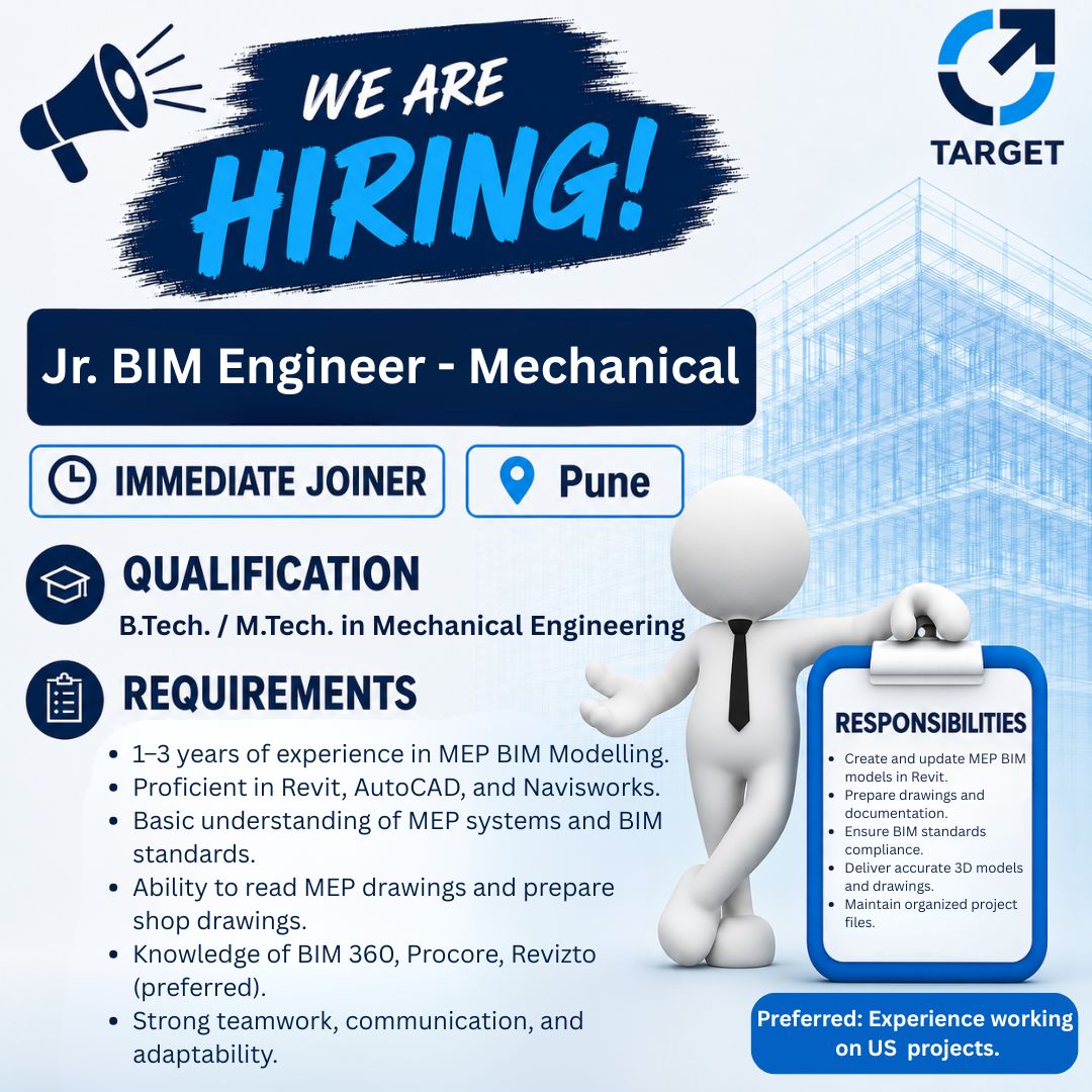 TargetAECGlobal's tweet photo. We're Hiring | Jr. BIM Engineer - Mechanical
#TargetAECGlobal #WeAreHiring #MechanicalEngineer #BIMEngineer #MechanicalBIM #MEP #Revit #AutoCAD #Navisworks #BIMJobs #AECIndustry #USProjects #PuneJobs #ImmediateJoiner #CareerOpportunity https://t.co/KGjAzLygej