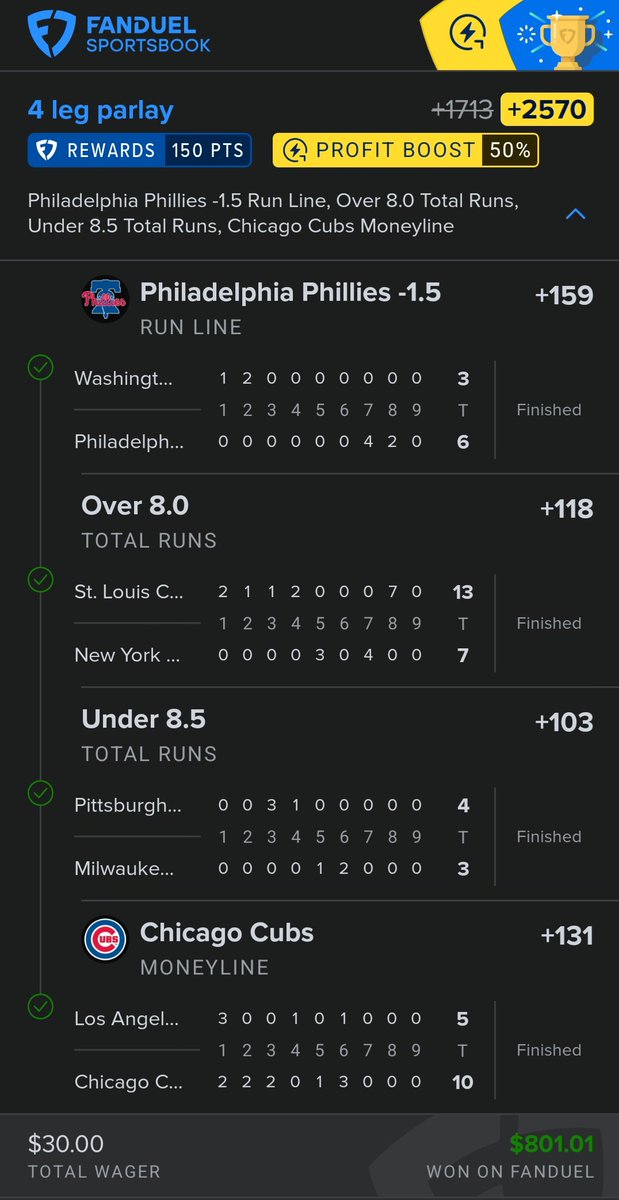 PropSamSCB's tweet photo. What a 4 leg plus ODD!!! HIT ✅️✅️✅️

#MLB #Fanduelparlays https://t.co/BaTkYl64Pe