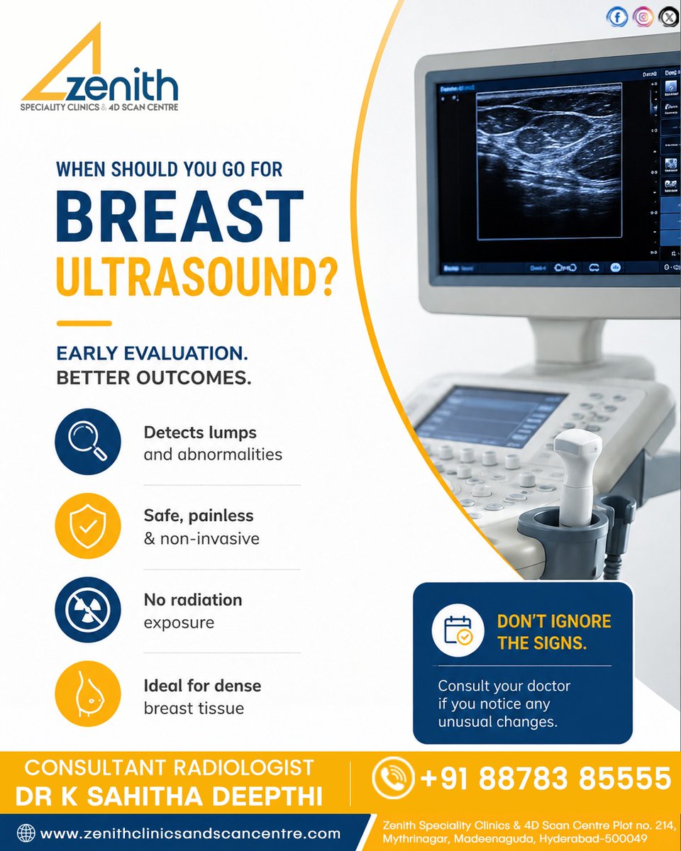 Zenith_Clinics's tweet photo. Ensure early evaluation using safe #BreastUltrasound scans to protect #BreastHealth, enabling timely #EarlyDetection of lumps and abnormalities through precise, painless, non-invasive #DiagnosticImaging.

#BreastUltrasound #BreastHealth #EarlyDetection #DiagnosticImaging https://t.co/39coc94WPQ