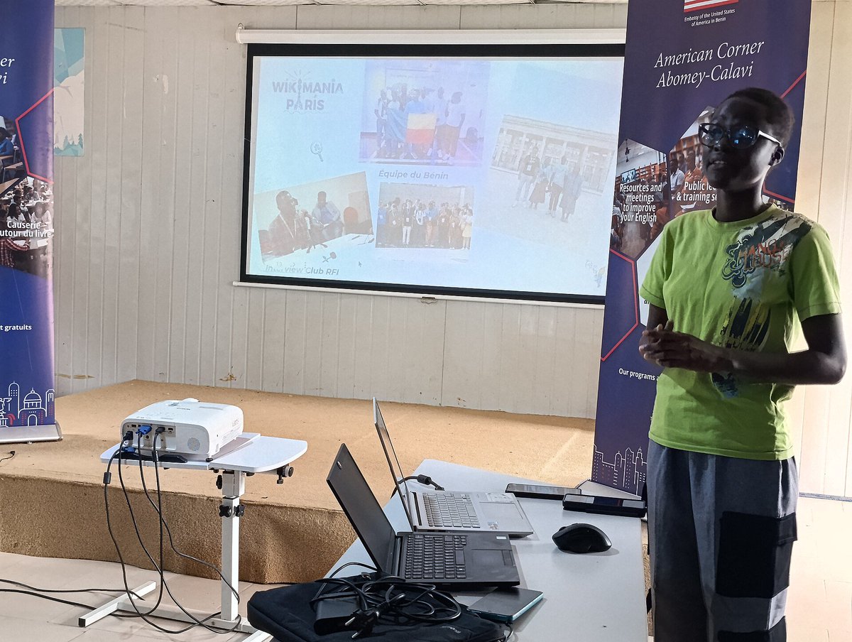 WikimediaBj's tweet photo. lancement @WikiForSustainableFutures2026, au Bénin 🇧🇯 et premier retour d'expérience de notre participation à @Wikimania 2026 à Paris et distribution de gadgets aux participants ce samedi 1er août 2026, à l'American Corner de l'@uacbenin , 
#WikimediaBenin #Wikipedia https://t.co/R0vueBiL3B