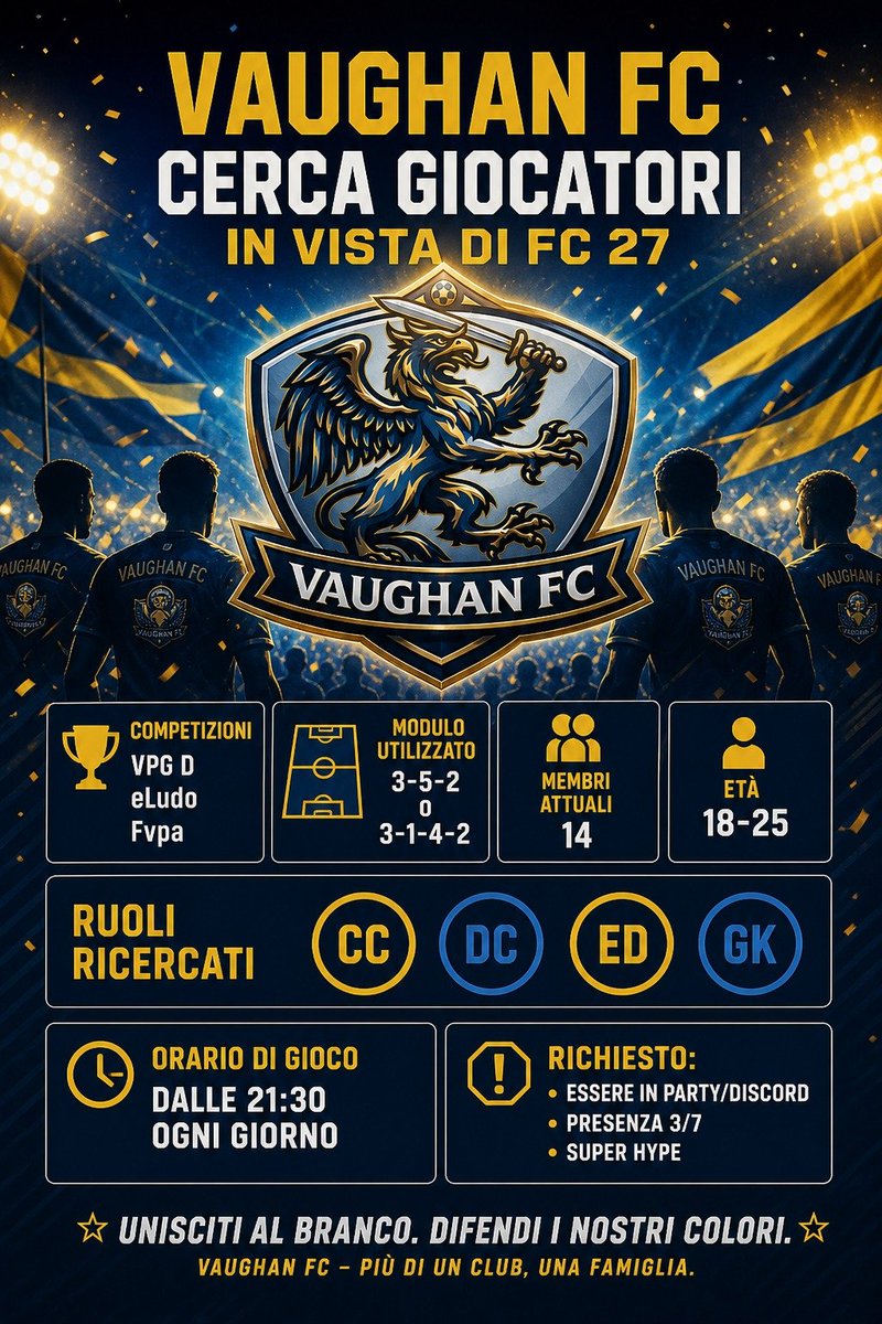 VaughanFC_'s tweet photo. Vaughan FC cerca nuovi membri  per le competizioni di FC 27. 

COMPETIZIONI 🏆 

VPG D
Eludo
Fvpa

RUOLI DISPONIBILI🔎

GK
DC
ES

Requisiti ⁉️
- 17+
- Minimo di esperienza nel competitivo
- Presenza 4/7

@Mercato_FVPA
@VPGItaly
@VPLItaly
@VPGEurope
@eLUDO_official https://t.co/UmjmFlrxc4