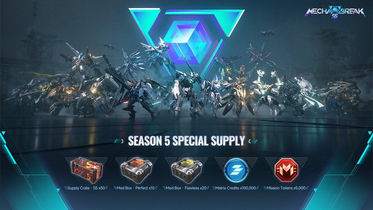 MechaBREAK's tweet photo. Dear Pilots,
Maintenance is all done—welcome to Mecha BREAK Season 5!
Season 5 supplies are already in your mailbox. Log in and claim them! 🎁

PvE mode Synchro Nexus is now open, and the new BREAK Override system is live too. Gear up for the new battlefield—more challenges await! 🚀

If you encounter any issues during gameplay, please reach out via our customer support email: mechabreakCS@seasungames.com

#MechaBREAK #MechaBREAKSeason5