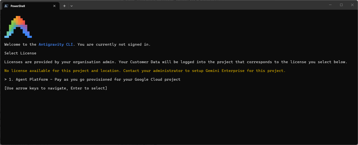 tkoskgch's tweet photo. Gemini Enterprise appのサブスクリプションがあるプロジェクトを選んでも次のメッセージがでる
No license available for this project and location. Contact your administrator to setup Gemini Enterprise for this project.

でも、そのうち対応できるという兆しでもあるのかな
#antigravity https://t.co/qZNVgv5d0T