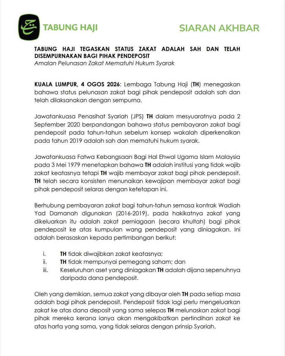 Tabung_Haji's tweet photo. SIARAN AKHBAR : TABUNG HAJI TEGASKAN STATUS ZAKAT ADALAH SAH DAN TELAH  DISEMPURNAKAN BAGI PIHAK PENDEPOSIT

Jawatankuasa Penasihat Syariah (JPS) TH dalam mesyuaratnya pada 2 September 2020 berpandangan bahawa status pembayaran zakat bagi pendeposit pada tahun-tahun sebelum konsep wakalah diperkenalkan pada tahun 2019 adalah sah dan mematuhi hukum syarak.

Merujuk kepada syor Suruhanjaya Siasatan DiRaja (RCI) TH supaya perkara berkaitan amalan zakat TH dibawa kepada Jawatankuasa Muzakarah Majlis Kebangsaan Bagi Hal Ehwal Ugama Islam Malaysia (MKI), TH ingin menegaskan bahawa amalan zakat TH telah dibentangkan dan diperakui oleh Jawatankuasa Muzakarah tersebut pada Jun 2024. 

Pandangan Jawatankuasa Muzakarah tersebut seterusnya telah disembah maklum kepada Mesyuarat Majlis Raja Raja yang ke-267 pada Oktober 2024.